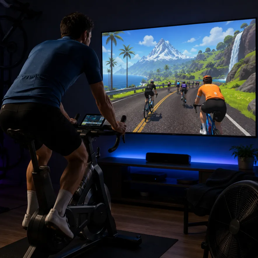 Motionscykel med Zwift - träna i virtuell miljö med andra cyklister online