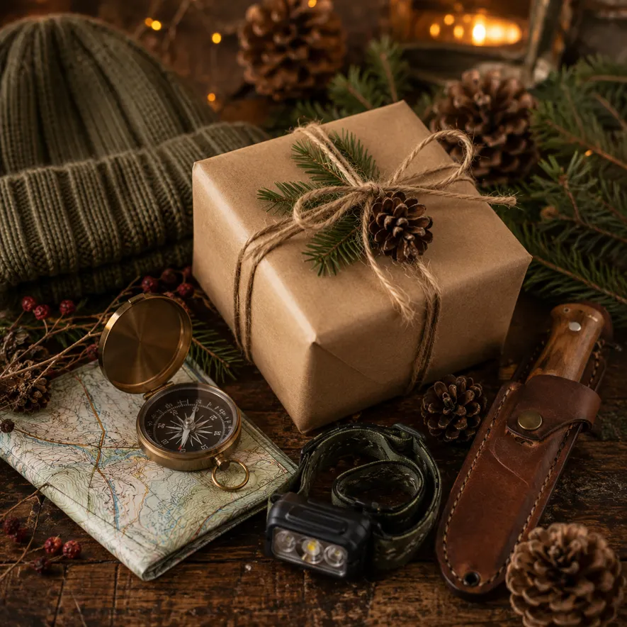 Presenttips till friluftsmänniska - kompas, pannlampa, fickkniv och yllemössa som gåvor