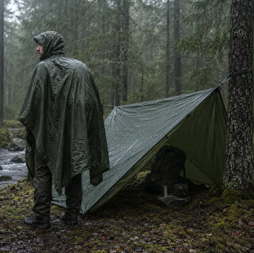 Kombinerad tarp och poncho för regnskydd under vandring - Sea to Summit och Exped